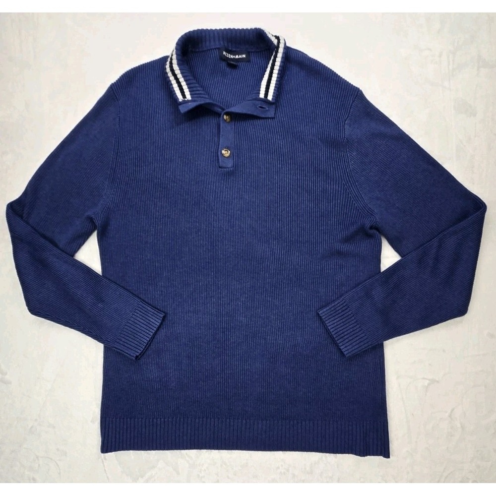 Mizzen+Main Men's Mock Neck Henley Pullover Ribbed Sweater Blue‎ Sz XL EUC